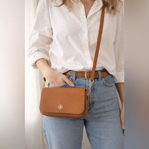 Tory Burch Robinson Mini Crossbody Saffiano Leather Brown Tan